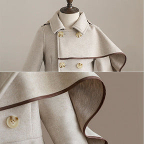 Girls Woolen Long Coat Jacket Autumn Winter Warm Trench England Style-Khaki