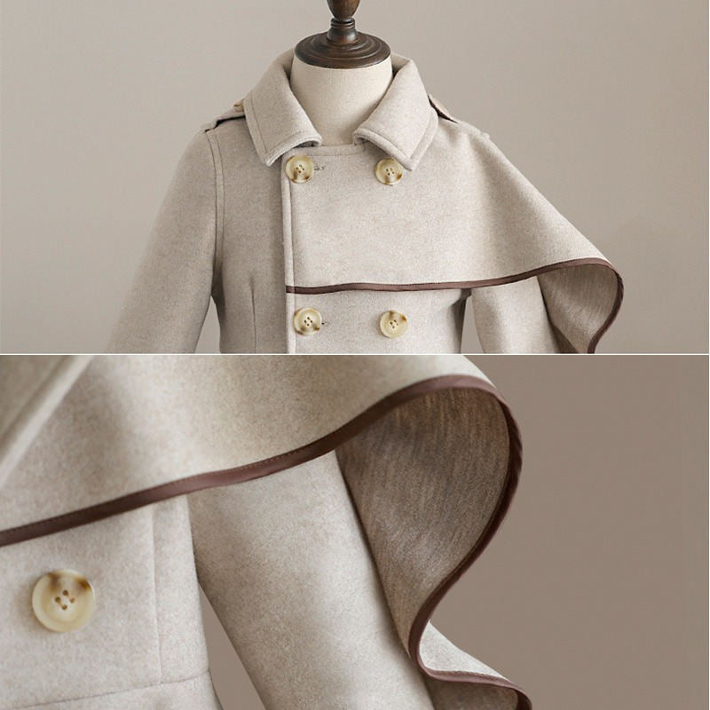 Girls Woolen Long Coat Jacket Autumn Winter Warm Trench England Style-Khaki