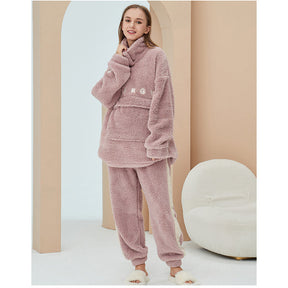 Thickening Coral Fleece Pajamas Set for Women-Pink