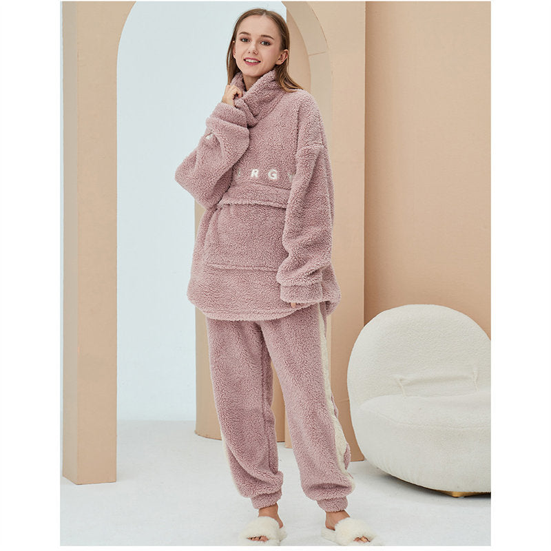 Thickening Coral Fleece Pajamas Set for Women-Pink