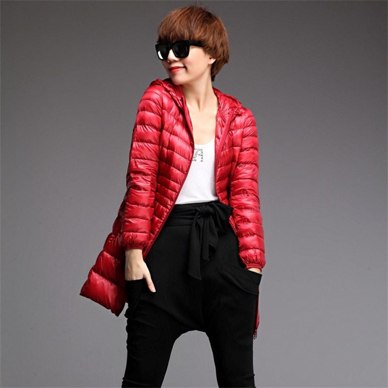 Womens Lightweight Puffer Jacket Hooded Winter Mid Length Coat-BigRed