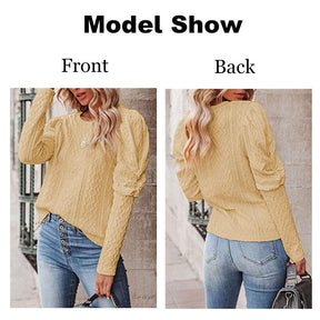 Womens Long Sleeve Sweaters Solid Color Jacquard Weave Round Neck Knit Tops-Green