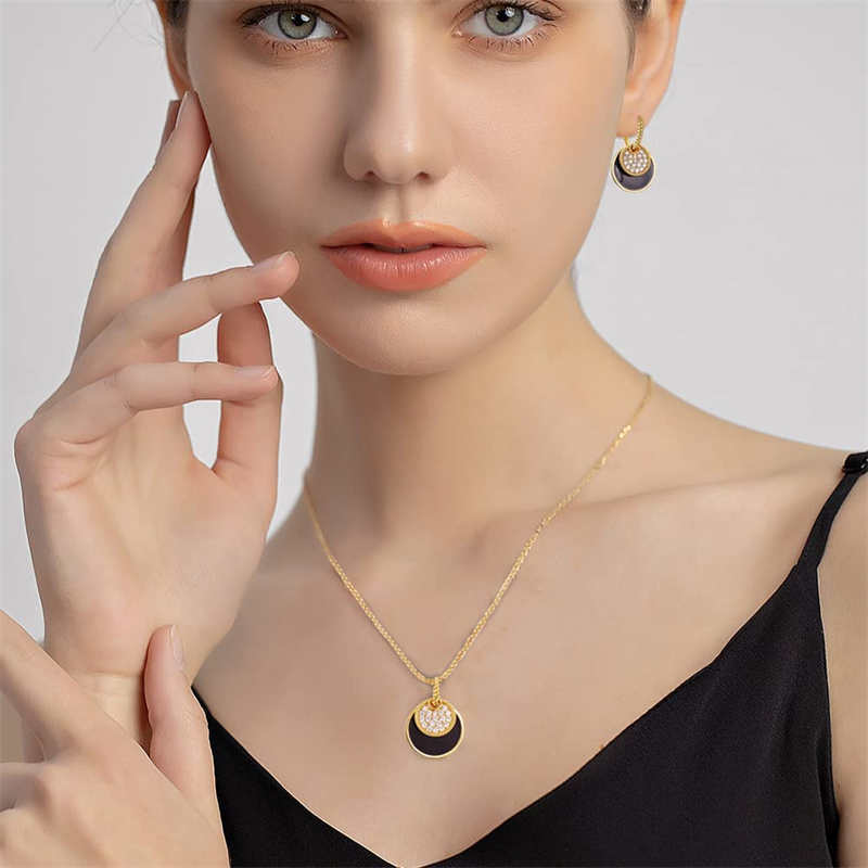 Women Black Round Pendant Necklace And Hoop Earrings Jewelry Sets