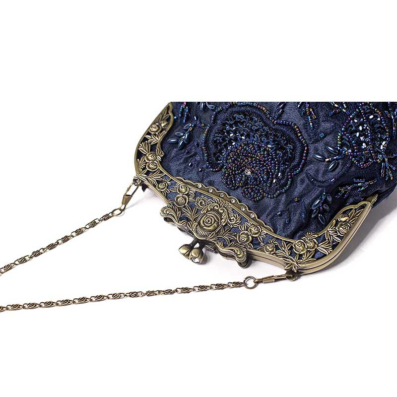 Womens Beaded Party Clutch Vintage Rose Purse-Blue