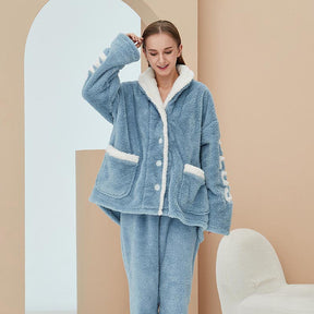 Womens Winter Fleece Pajamas Set Warm Loungewear-Haze Blue