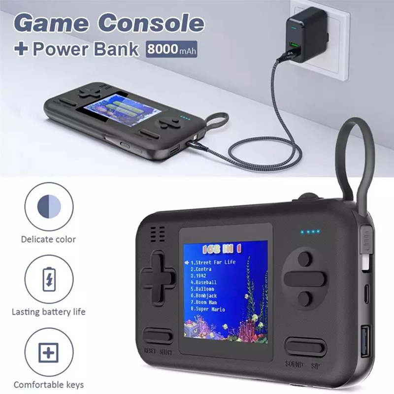 2 in 1 Handheld Game Console 8000mAh Power Bank with 416 Classic FC Games-Black