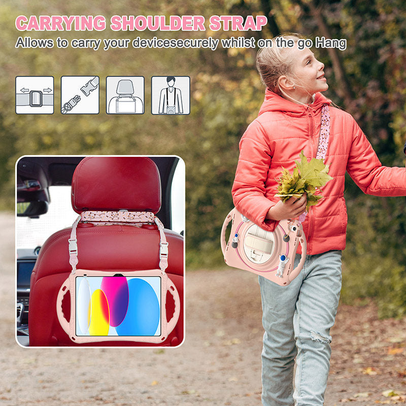 iPad Case Rugged Case with Handle Stand Shoulder Strap for iPad 10th 10.9 Inch 2022-Pink