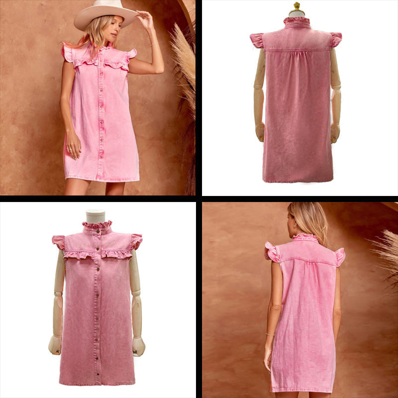 Denim Dress Ruffle Trim Sleeveless Button down Cute Babydoll-Pink