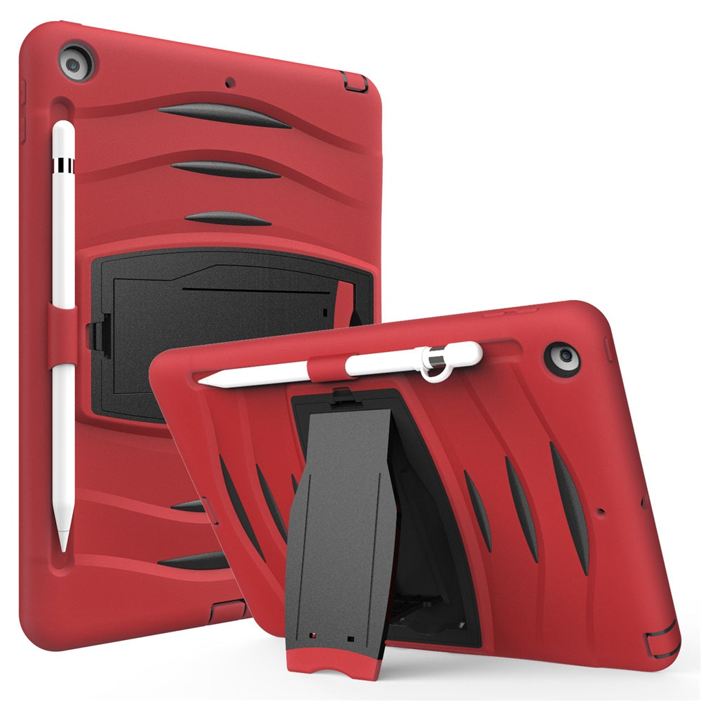 Shock Wave Kickstand Case Anti-Fall Protection With Pencil Holder+Cap For New iPad 7 10.2inch(2019)-Red