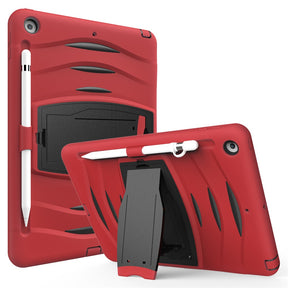 Shock Wave Kickstand Case Anti-Fall Protection With Pencil Holder+Cap For New iPad 7 10.2inch(2019)-Red