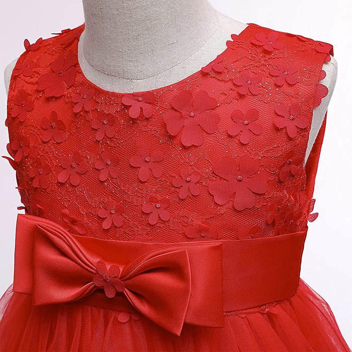 Girls Tulle Lace Flower Princess Wedding Dress For Toddler And Baby Girl-Red