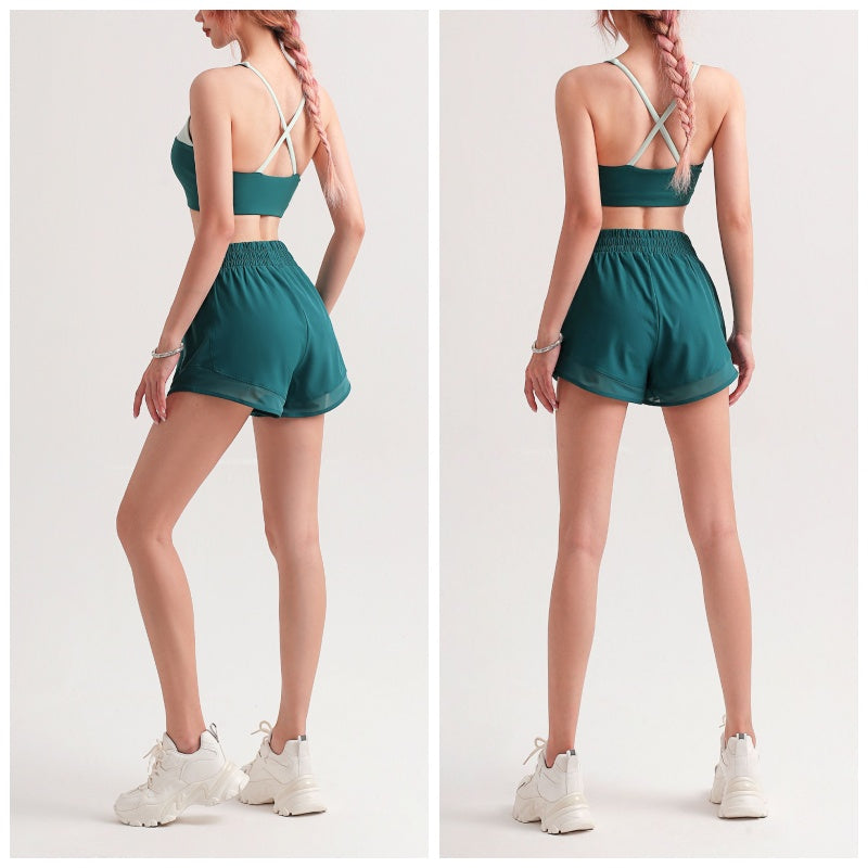 Color Stitching Sports Bra with Removable Cups Criss-Cross Back Vest-Green
