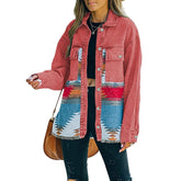 Aztec Denim Jacket for Women Distressed Lapel Long Sleeve Coat-RoseRed