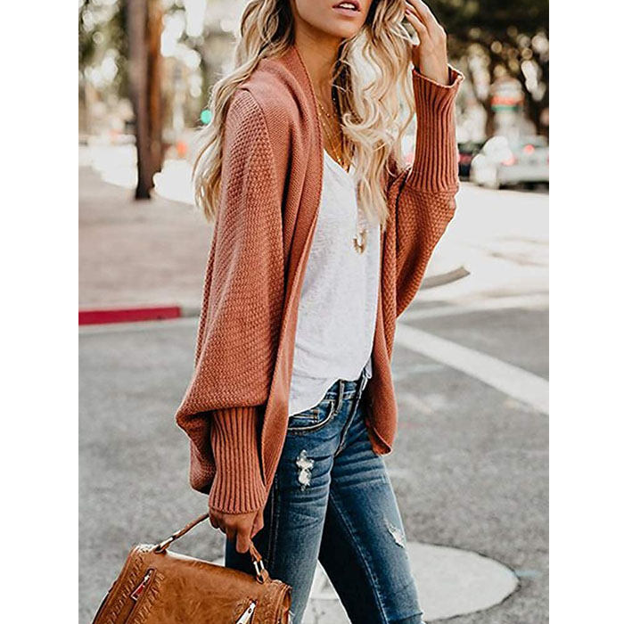 Women's Batwing Knitted Oversized Slouchy Solid Cardigan Sweater Knit Outwear-Red Coffee