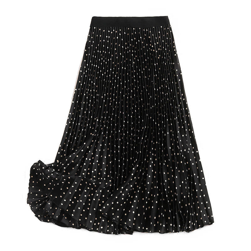 Womens Polka Dots Pleated Skirt High Waist Flowy Casual A Line Midi Skirts-Black