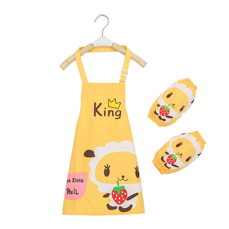 Kids Waterproof Apron Cooking Bib with Sleeve Covers for Painting-Yellow Lamb