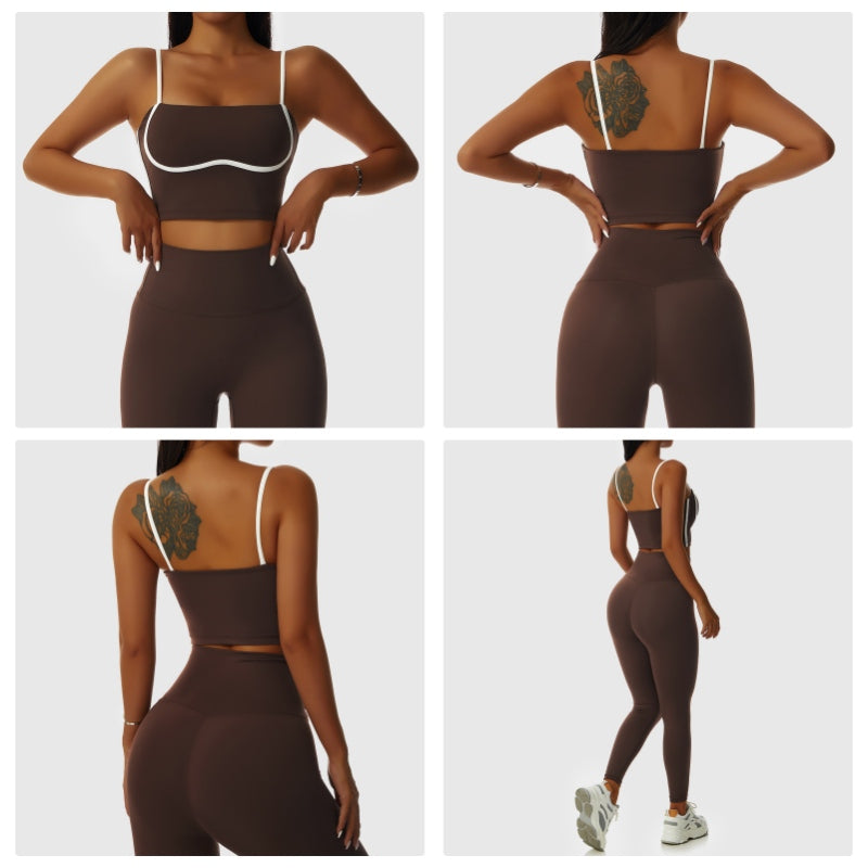 Spaghetti Strap Sports Bra Square Neck Padded Fitness Crop Tops-Brown