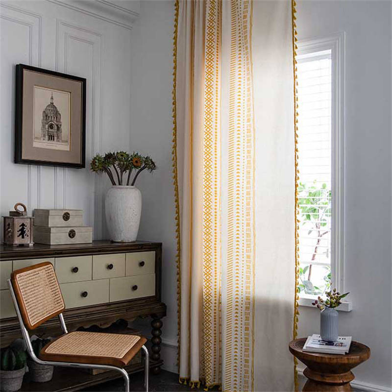 2 Panels Cotton Linen Semi Blackout Grommet Curtains with Tassels-3Yellow