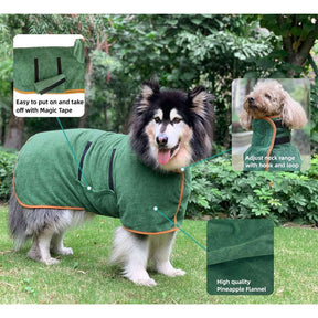 Dog Bathrobe Microfibre Fast Drying Towel Adjustable Collar Waist-Green