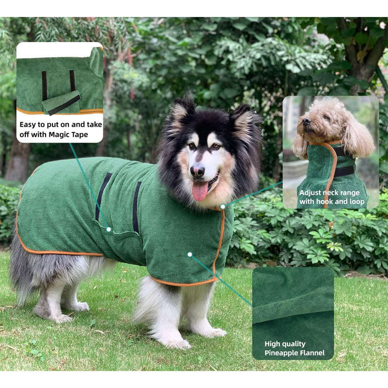 Dog Bathrobe Microfibre Fast Drying Towel Adjustable Collar Waist-Green