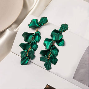 Long Drop Rose Petal Earrings for Women and Girls-Green