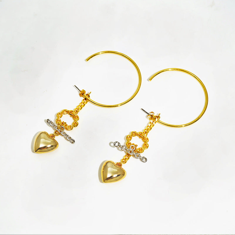 C-shaped Chain Earrings Love Pendant Two Tone Earrings