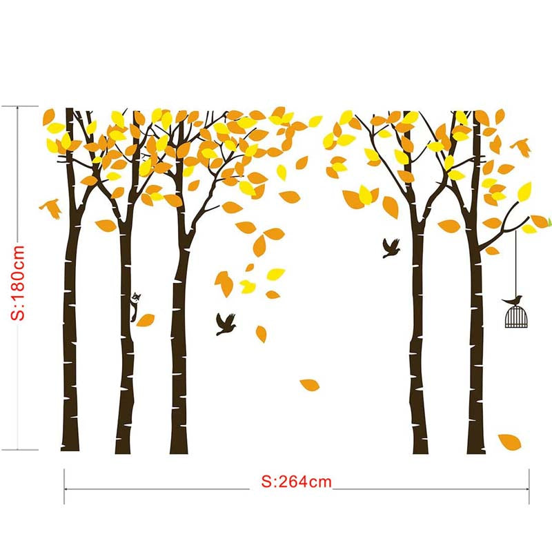 Large Jungle Trees Wall Decals Yellow Leaves Fly Birds DIY Wall Stickers Bedroom Living Room