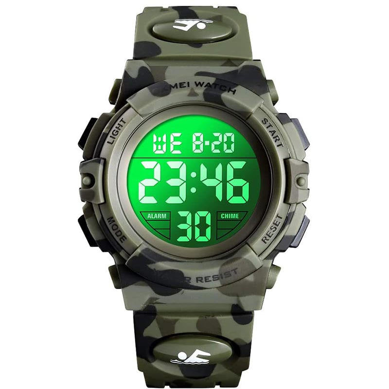 Kids Digital Watch Outdoor Sports 50M Waterproof Colorful LED Lights Electronic Watches-ArmyGreen