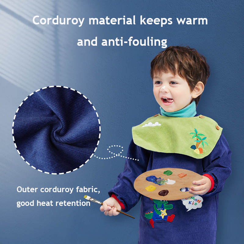 Cartoon Kids Corduroy Smock Detachable Bib for Drawing Cooking-Indigo Shark