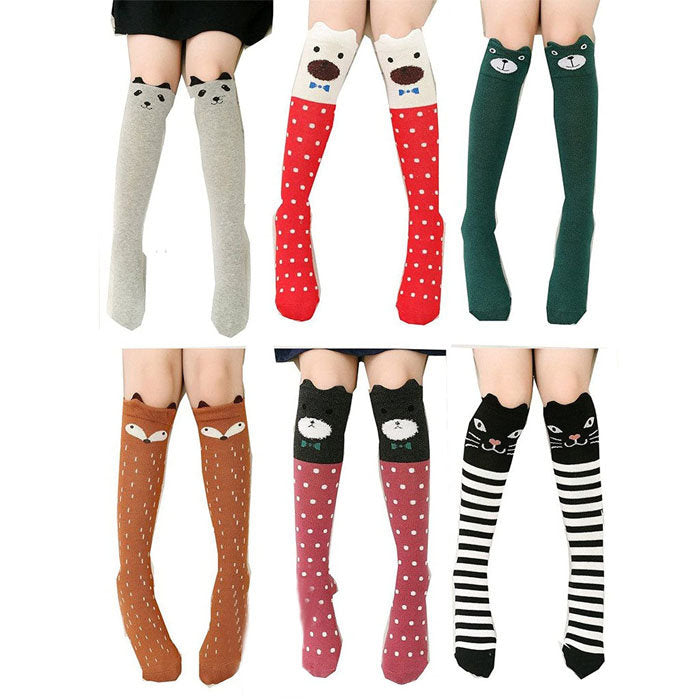 6 Pcs Cartoon Animal Girls Knee High Socks Cotton Mid Calf Long Boot Socks