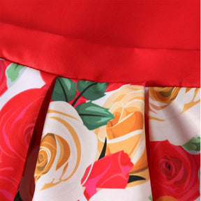 Oblique Shoulder Childrens Dress Rose Print Dress Girls Evening Party Costume-Red