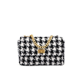 PU Leather Houndstooth Ladies Shoulder Bag Fashion Woolen Cloth Crossbody Bag-Black