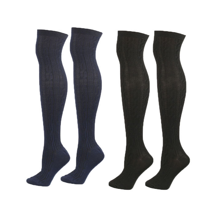 2Packs Women Extra Long High Socks Knit Warmers Thick Tall Long Boot Stockings Leg-BlackNavy