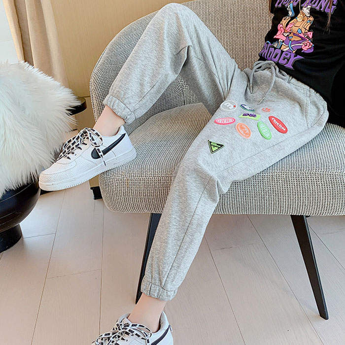 Girls Joggers Long Pants Pockets Outdoor Casual Trousers with Drawstring Icon-Gray