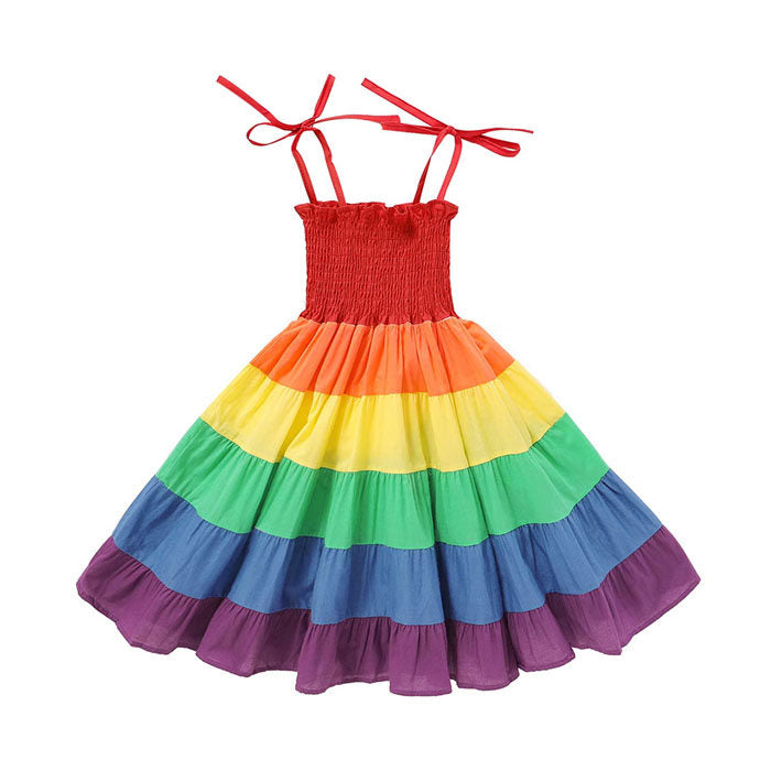 Baby Girls Rainbow Dress Toddler Princess Sleeveless Summer Dress Beach Tutu-Red