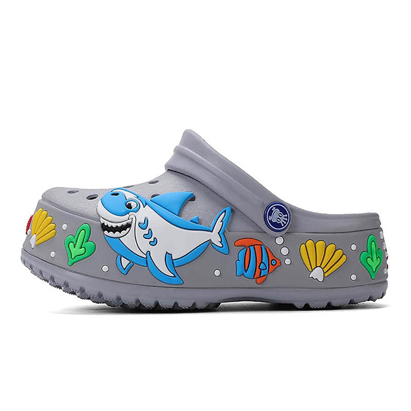 Girls Boys Lightweight Cartoon Shark Non-slip Sandals Beach Pool Shower Slippers-Grey