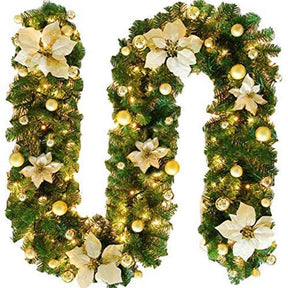 2.7M Christmas Garland with Lights Rattan Artificial Garland Green for Indoor Home Fireplace Stair Decorations-Gold