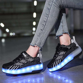 Kids LED Rechargeable Roller Skate Shoes with Double Wheel-Black