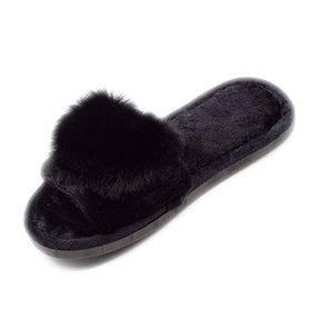 Womens Fuzzy Slippers Open Toe Cozy Memory Foam Sandals-Love Black