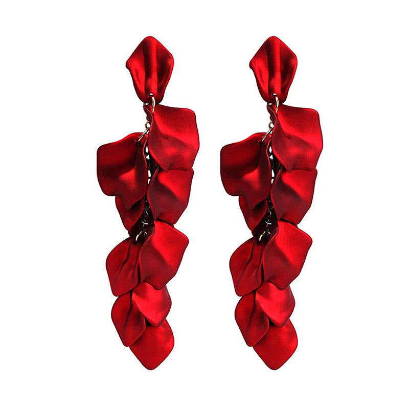 Long Drop Rose Petal Earrings for Women and Girls-Red