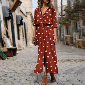 Ladies Polka Dot Long Sleeve Vertical Collar Shirt Dress-Red