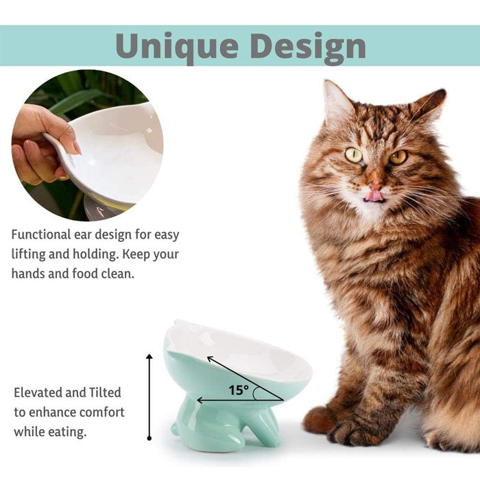 Raised Ceramic Cat Food Q Bowl Dish Tilt Angle Protect Cats Spine-Green