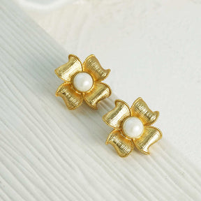 Flower Pearl Stud Earrings Hypoallergenic for Women Girls-Gold