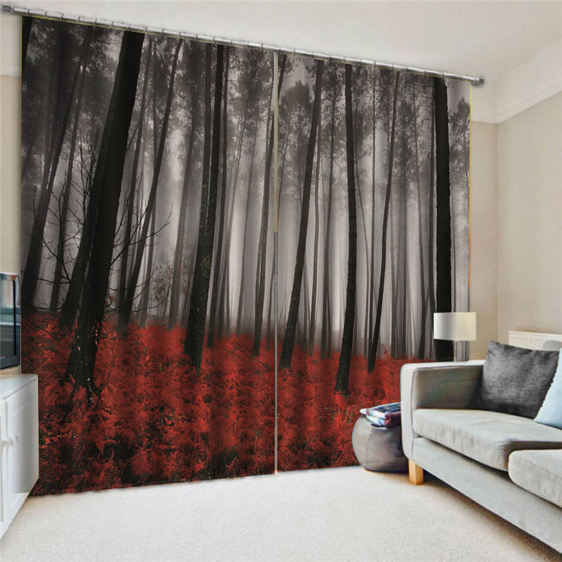 2 Panels Black Red Forest Curtains with Hooks and Roman Loops