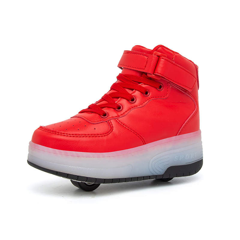 Kids Light Up Roller Skate Shoes High Top Sneakers Double Wheels-Red