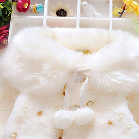 Girls Princess Faux Fur Wraps Shawl Flower Girls Bolero Princess Cape-White