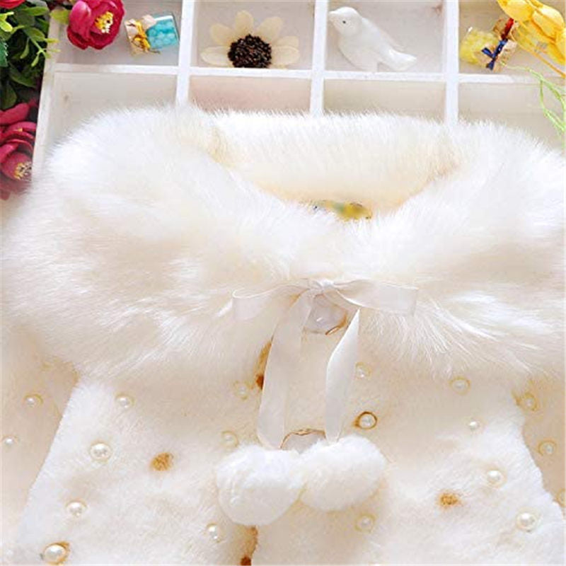 Girls Princess Faux Fur Wraps Shawl Flower Girls Bolero Princess Cape-White