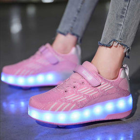 Kids LED Rechargeable Roller Skate Shoes with Double Wheel-Pink