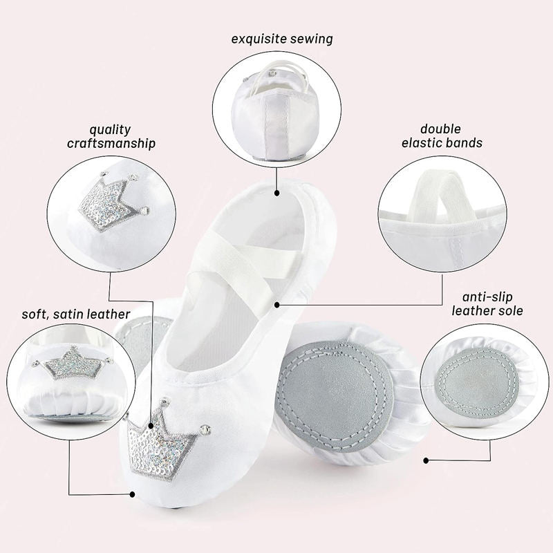 Ballet Shoes for Girls Soft Leather Satin Flat Gymnastic Shoes-White