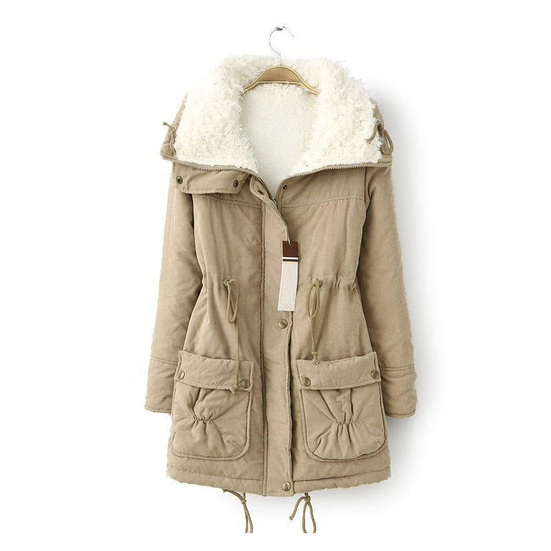 Women's Mid Length Winter Coat Thickened Warm Lamb Wool Lined Jacket-Khaki